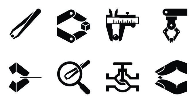 Industrial precision tools and robotic arm grippers icon set for manufacturing and laboratory work