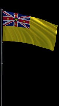 Niue flag waving on metal flagpole, vertical video with transparent background and alpha channel, seamless loop 3D rendering 4K