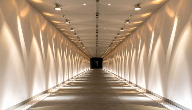Modern architectural corridor with repeating wall and ceiling lights creating a dramatic vanishing point perspective, leading to a distant dark figure at the end of the long illuminated tunnel