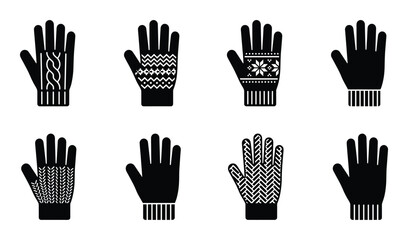 Fototapeta premium Set of black icons of knitted gloves and mittens with various patterns on transparent background