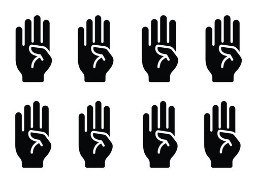 Set of black icons of hands with four fingers raised in various poses on transparent background