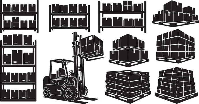 Warehouse Storage and Logistics with Forklift and Crates Illustration Set