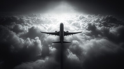 Naklejka premium An airplane cuts through a dramatic cloudy sky, its shadow cast below, as bright light from above creates a sense of depth and movement.