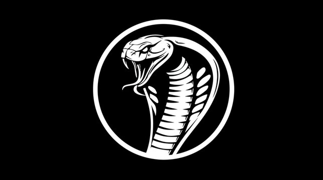 A white cobra silhouette coiled in a circle against a black background, with the cobra's mouth open