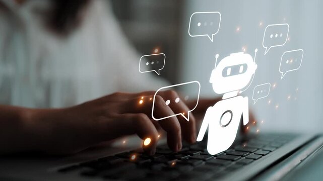 AI chatbot virtual assistant interacting with users through AI conversation bubbles, symbolizing AI automation, smart communication, and AI digital artificial intelligence help support Marrow