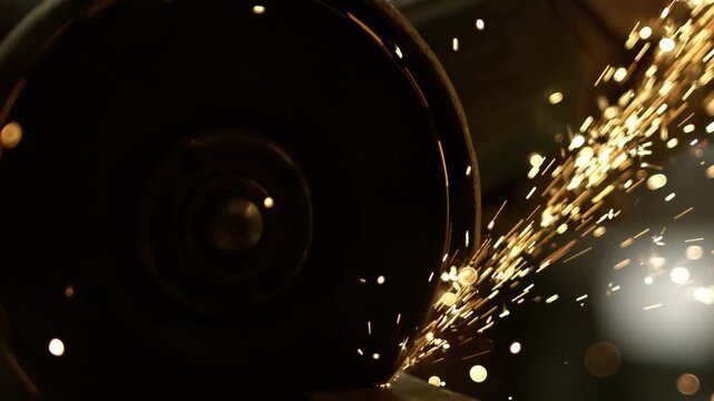 A grinding tool is at work in a workshop. Sparks fly as metal is shaped and smoothed. The setting shows a busy environment where tools are used for tasks.