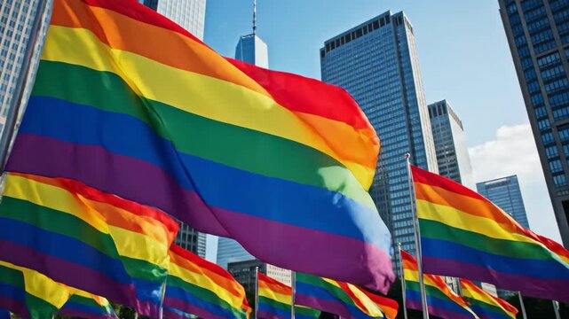 Rainbow pride flags wave against New York City skyscrapers on sunny day