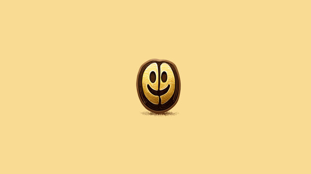 Cartoon-style, smiling emoji inside a coffee bean shape. Warm, earthy palette. Centered on beige backdrop