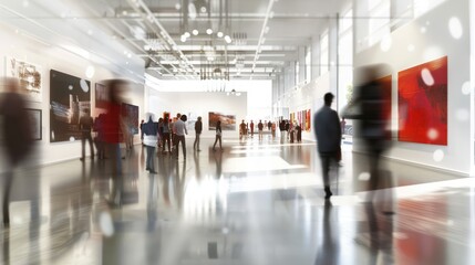 Fototapeta premium Spacious modern art gallery, blurred figures moving, bright light, reflections on polished floor