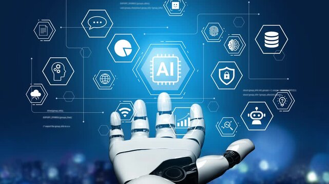Futuristic robotic hand reaching out to interact with digital AI icons and graphs against a high-tech background enhanced by urban skyline lights Gluon.