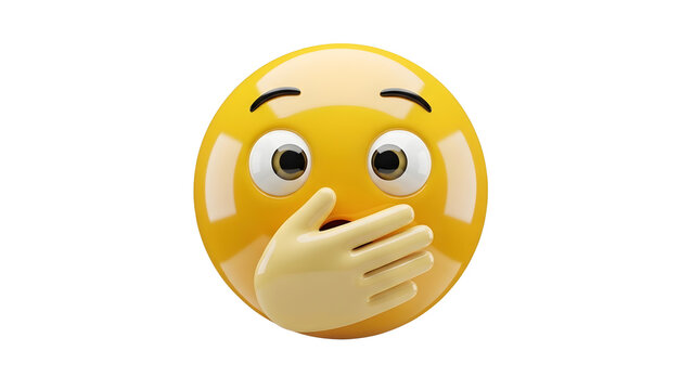 Shocked yellow emoji covering mouth with hand on transparent background