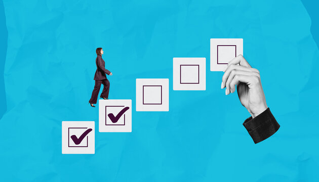 Business person stepping on ascending checkboxes with hand marki