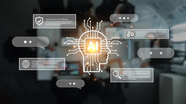 Conceptual image showing artificial intelligence technology with digital interface, light effects, and floating speech bubbles in a modern workspace environment Gluon.