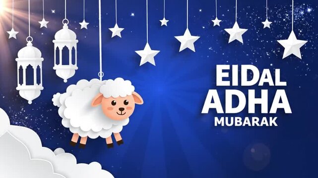Happy Eid al-Adha Mubarak with Sheep, Lanterns, and Stars Decoration on Blue Background