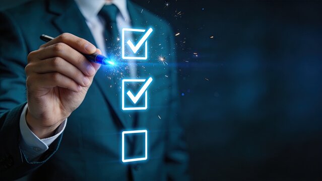 Businessman using a digital pen to check glowing virtual boxes on a futuristic holographic interface representing success task completion and modern technology solutions