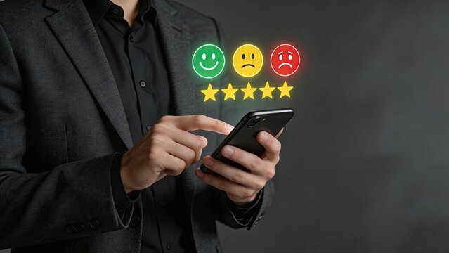 Businessman selecting customer satisfaction rating on mobile phone evaluating service quality with smiley face icons and star feedback system digital user experience concept