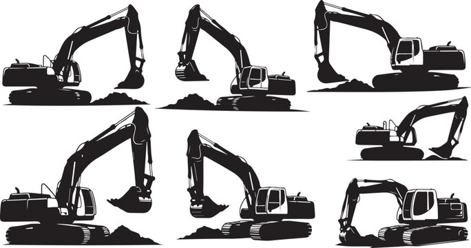 Collection of excavator silhouettes in various positions and angles