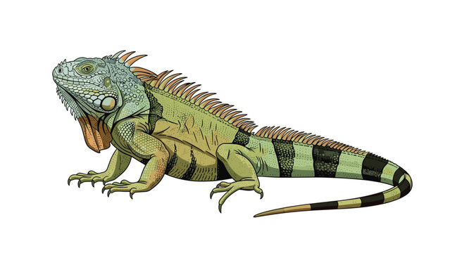 Detailed side view illustration of a green iguana with its characteristic spikes, scales, and long tail on a white background.