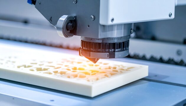 Close-up of a CNC machine cutting a complex pattern into a white material on a light blue, industrial platform