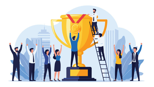 Enthusiastic business team celebrating a major success around a giant gold trophy cup with a first place medal in a city.