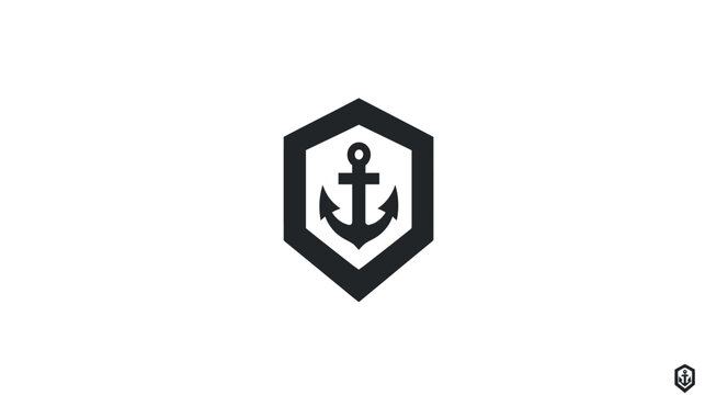 A geometric black and white design with an anchor inside a hexagon shape on a white background