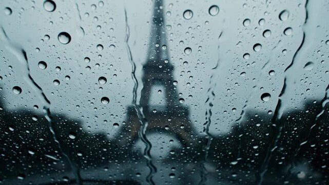 Rainy Day in Paris: Eiffel Tower Through Water Droplets on Window