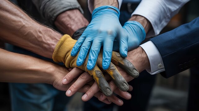 A group of people from different professions putting their hands together in a symbol of unity and teamwork