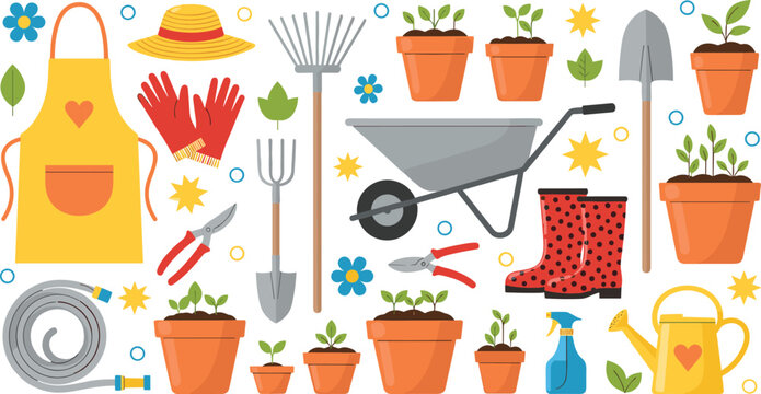 Gardening equipment and plants pattern with tools pots wheelbarrow boots and apron vector illustration