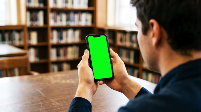 Hand holding mobile smartphone with green screen chroma key mockup, male student sitting at wooden desk in university library with bookshelves, digital e-learning app concept
