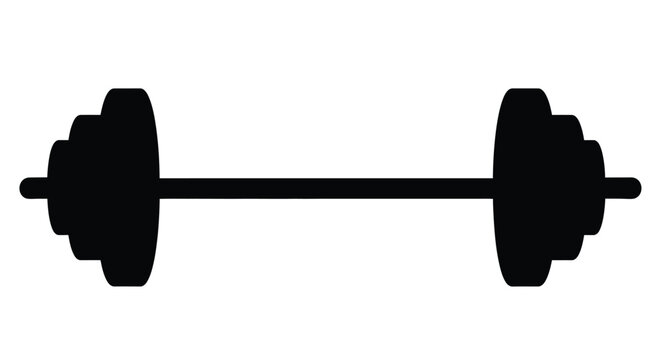 Black barbell icon with weight plates centered on a white background