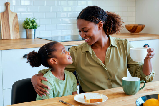 African American mother embracing daughter while sharing breakfast in kitchen, smiling and bonding. Family lifestyle concept for parenting, home routine, caregiving marketing