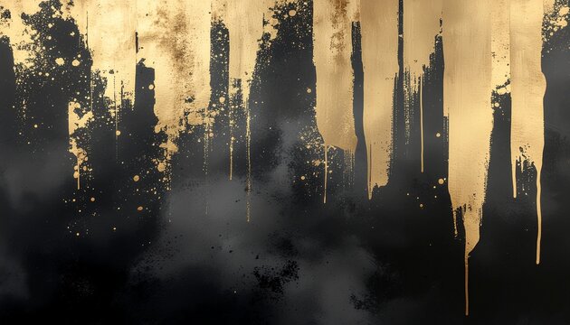 黒背景を縦に流れる金の筆線 抽象和風墨絵背景