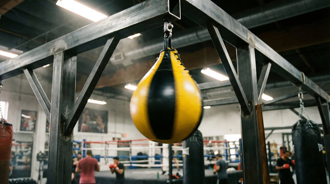 Bright yellow and black speed bag hanging in a boxing gym, ready for intense training sessions