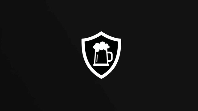A white icon, depicting a beer mug with foam, encased within a shield, on a black background