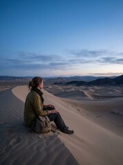 Fototapeta premium Traveler sitting on a desert dune at twilight. Minimalist composition with smooth textures and vast copy space, perfect for inspirational and adventure travel media.
