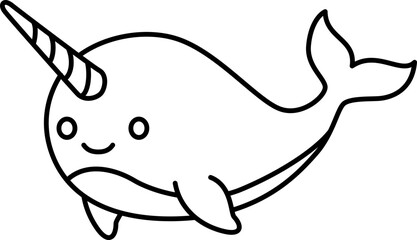 Narwhal whale outline cute cartoon sea simple line art narwhal whale outline cartoon sea style, minimal marine animal with smiling face clean © narak0rn