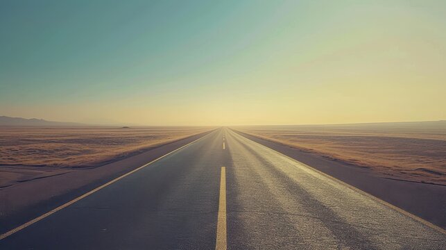 Endless Empty Asphalt Road Stretching Through Desert Plains Under Golden Sky