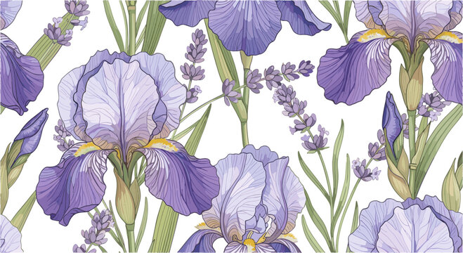 Seamless pattern with purple iris flowers and lavender sprigs on white background vector.