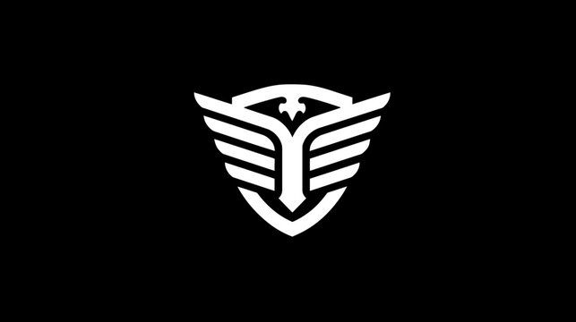 A white emblem of a stylized bird with shield elements on a black background, a minimalist design