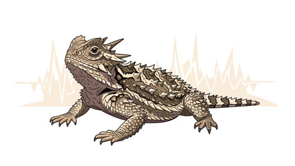 Fototapeta premium Detailed illustration of a thorny horned lizard with sharp spikes and scales standing against a stylized mountain peak background.