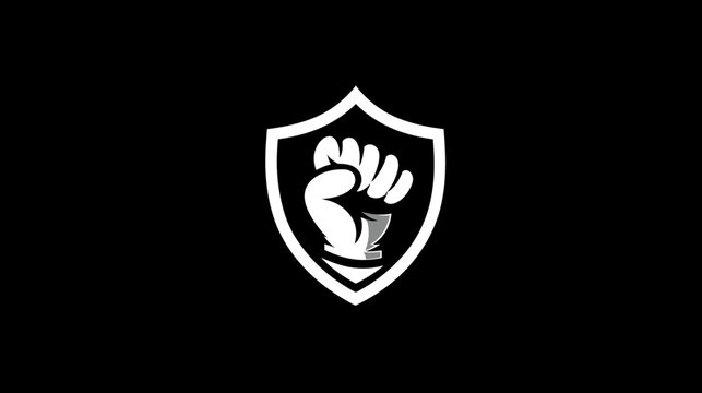 A white fist inside a white shield on a black background. Graphic emphasizes strength and protection