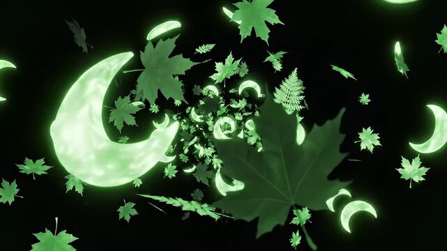 Ethereal glowing moons and leaves on black background at night