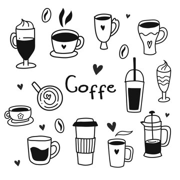 Cute coffee, desserts and bakery doodle line art vector. Hand-drawn cozy cafe illustration for stickers, menus, cards, and sweet designs.