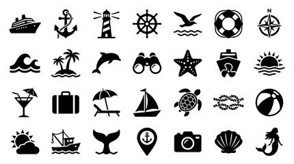 Nautical and Travel Icons Collection: A Diverse Set of Marine and Vacation Symbols for Your Projects © Iconique Studio