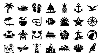 Obraz premium Collection of tropical island vacation and beach holiday icons representing travel leisure and summer fun activities