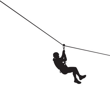 Person zip-lining silhouette across a high wire an individual in a helmet and harness gliding on a zip line a thrilling adventure sport activity in black and white vector format