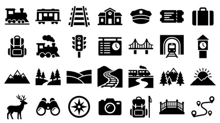 Collection of travel and transportation icons including trains, stations, mountains, compass, binoculars, and luggage for adventure and journey themes © Iconique Studio