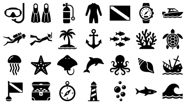 Collection of scuba diving and ocean life icons for underwater adventure and marine exploration themes