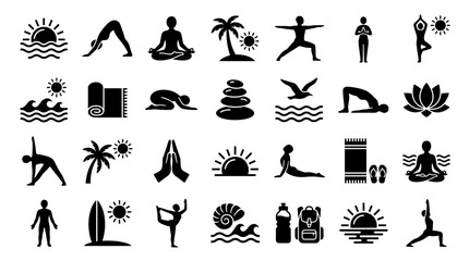 Obraz premium Collection of yoga icons and symbols representing healthy lifestyle, meditation, wellness and beach vacation activities