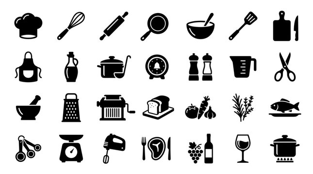 Collection of kitchen utensils and cooking ingredients icons representing culinary arts and food preparation for restaurants and home chefs